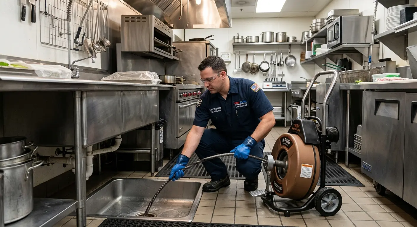 Commercial drain cleaning service in a restaurant kitchen in Crestwood