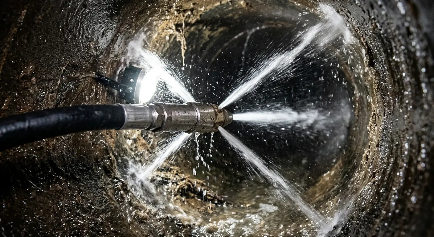 High-pressure hydro jetting nozzle cleaning sewer pipe for Emergency Drain Service in Crestwood